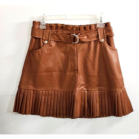 NWT Fame/Ekim 31 Women's Brown Faux Leather Ruffle Skirt with Belt Size M 1837 - Picture 10 of 11